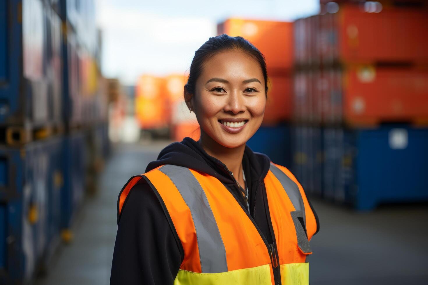 smiling woman in construction safety vest photo