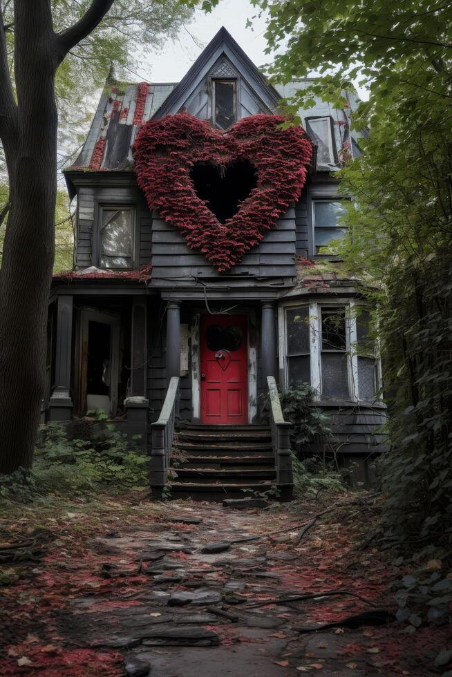 Whimsical heart shaped wreath on abandoned house photo