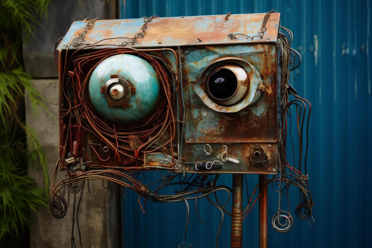 Vintage electronic device with rusty metal casing and tangled wires photo