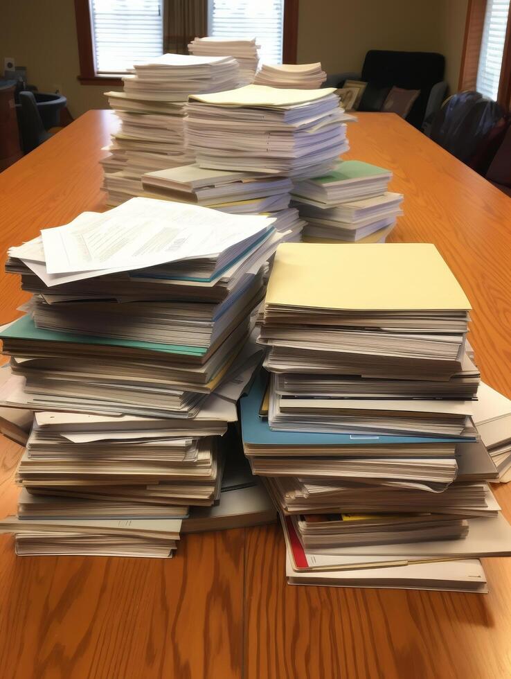 piles of paperwork and documents on a wooden table photo