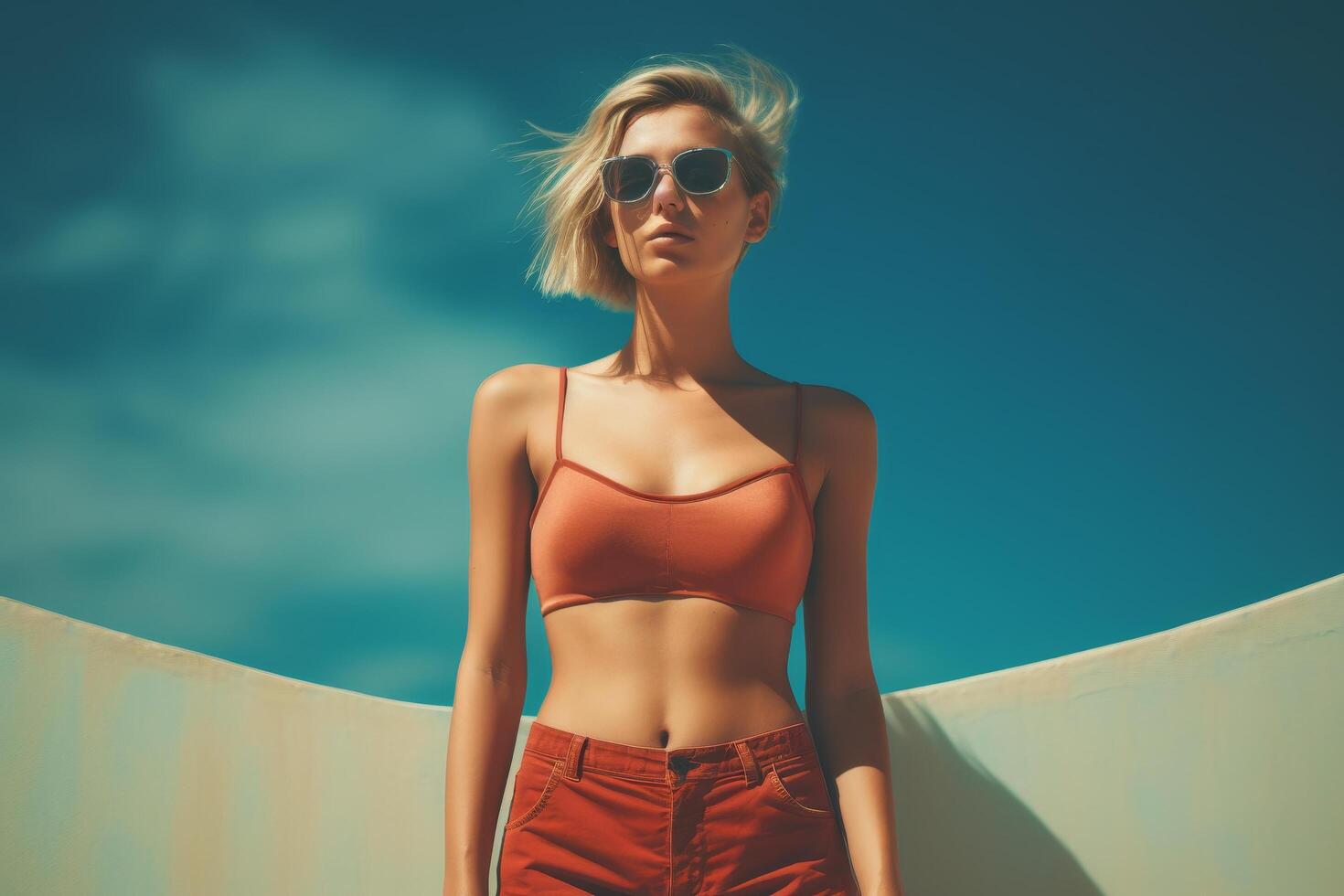 woman in orange bikini top and shorts standing in desert photo