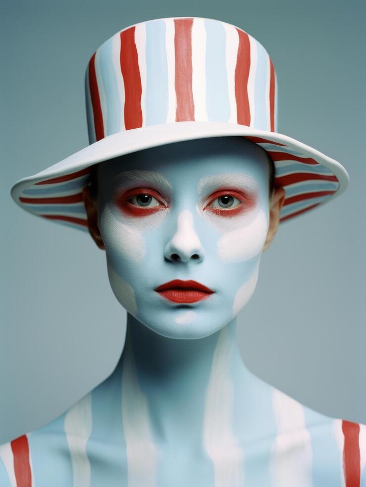 Striking portrait of a person with painted face and striped hat photo