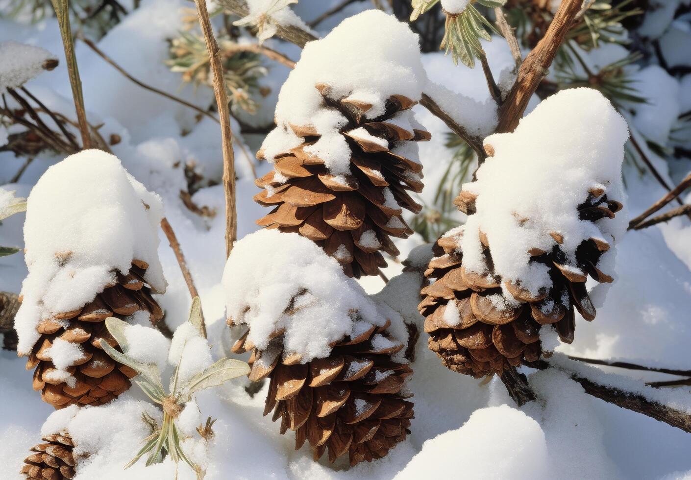 Snowy pine cones on tree branches photo