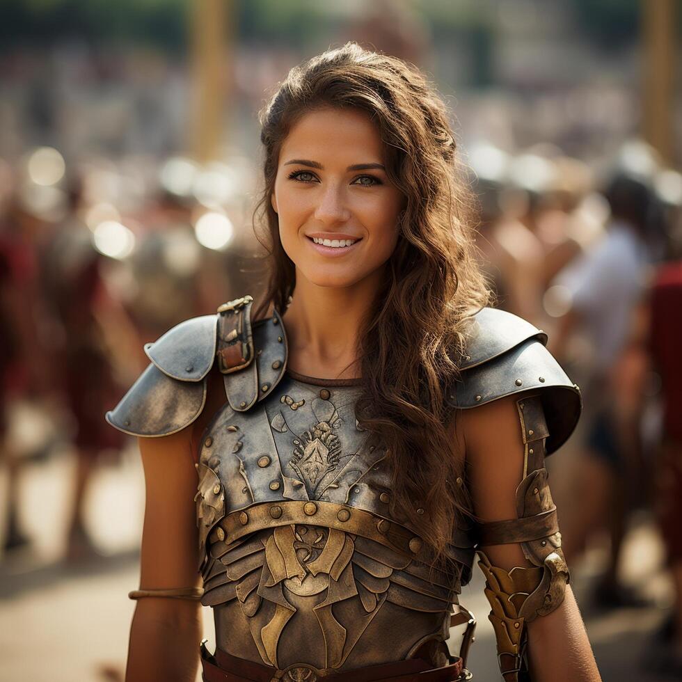 Smiling woman in medieval armor photo