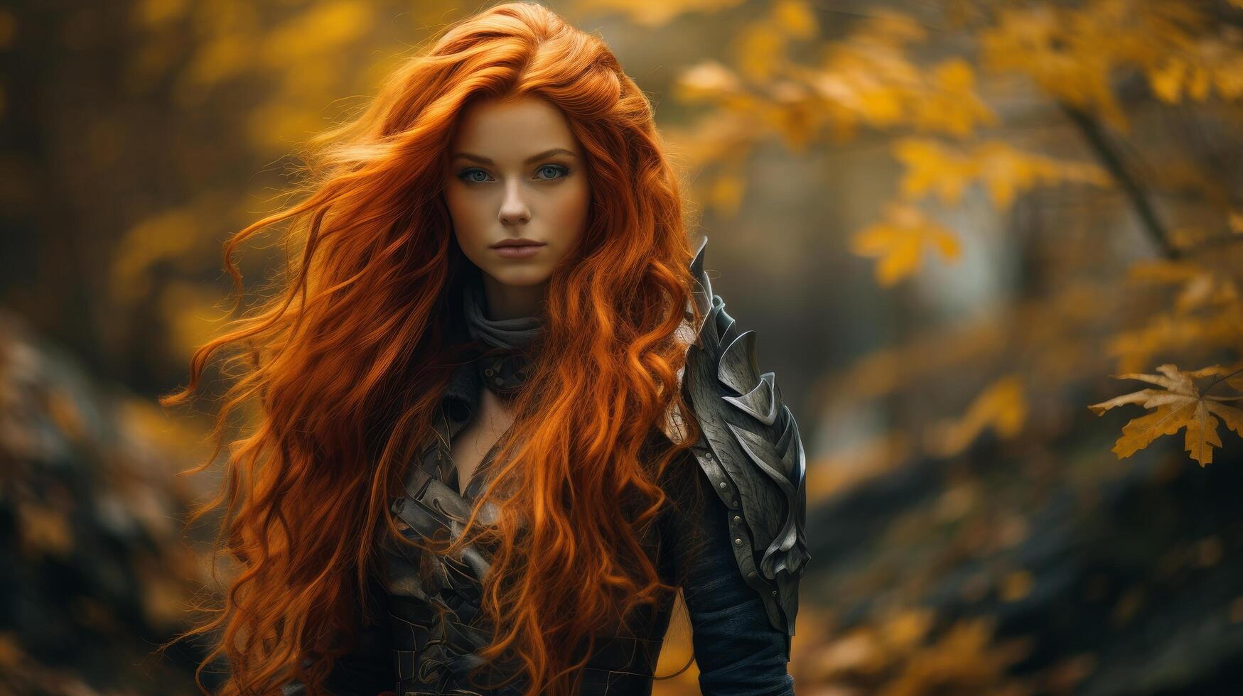 Mysterious woman with fiery red hair in autumn forest photo