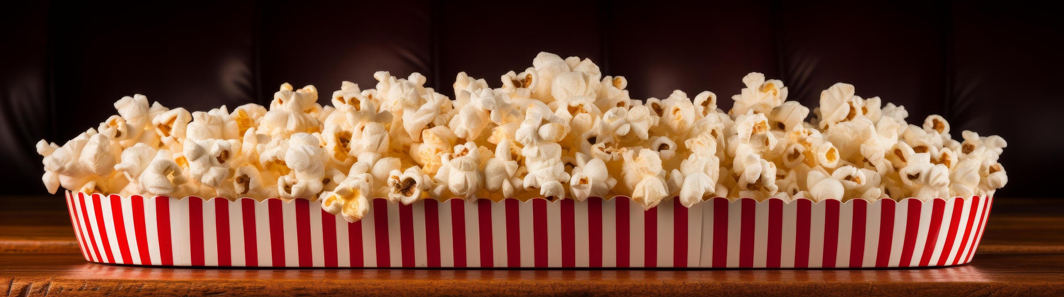 Delicious freshly popped popcorn in a striped box photo