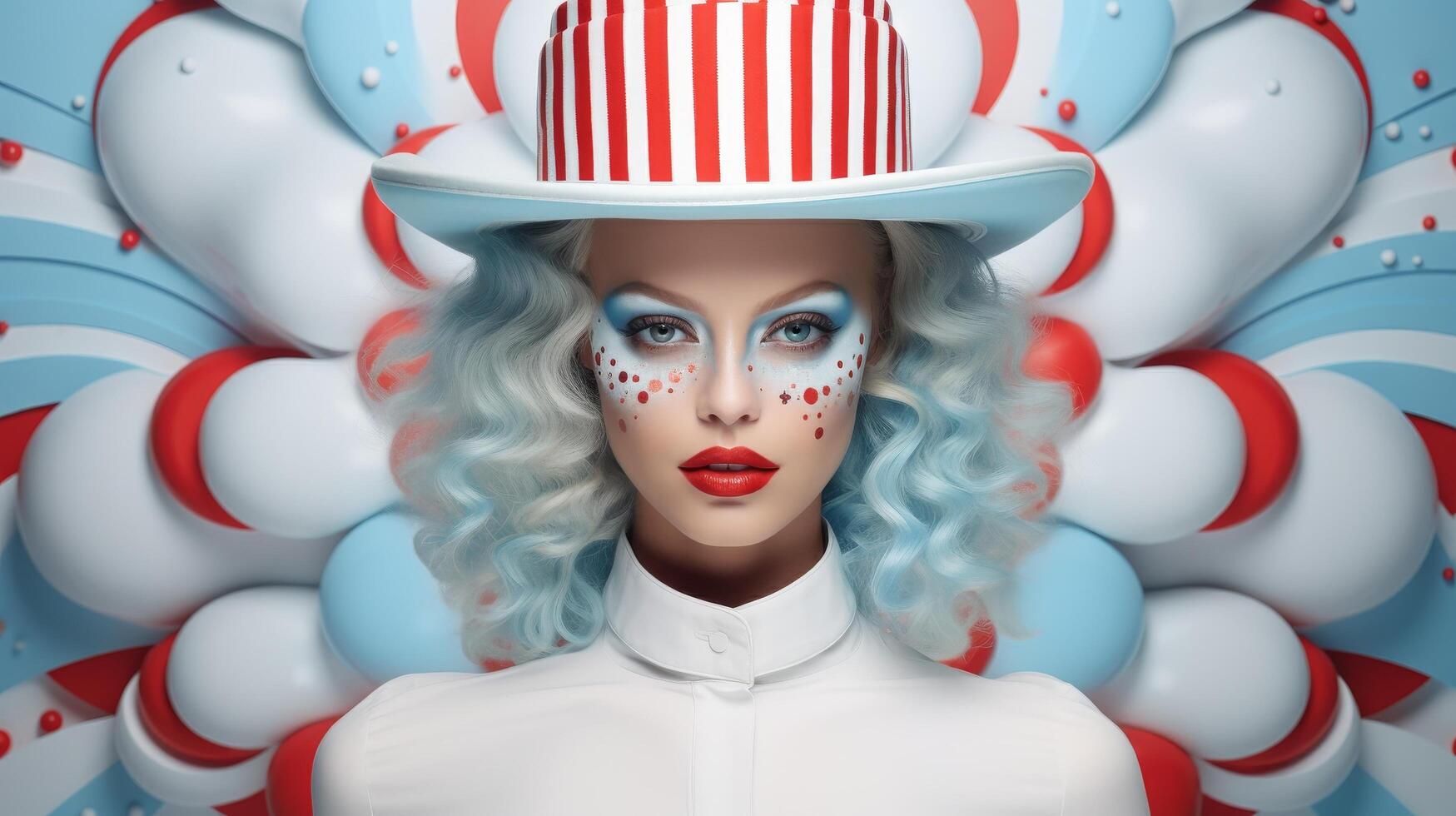 Colorful circus performer with creative makeup and costume photo