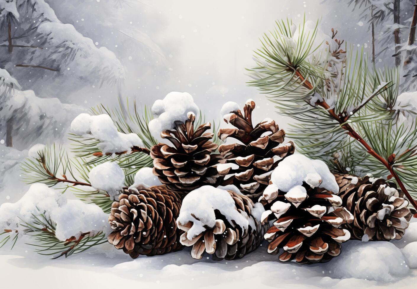 Snowy pine cones and branches in winter landscape photo