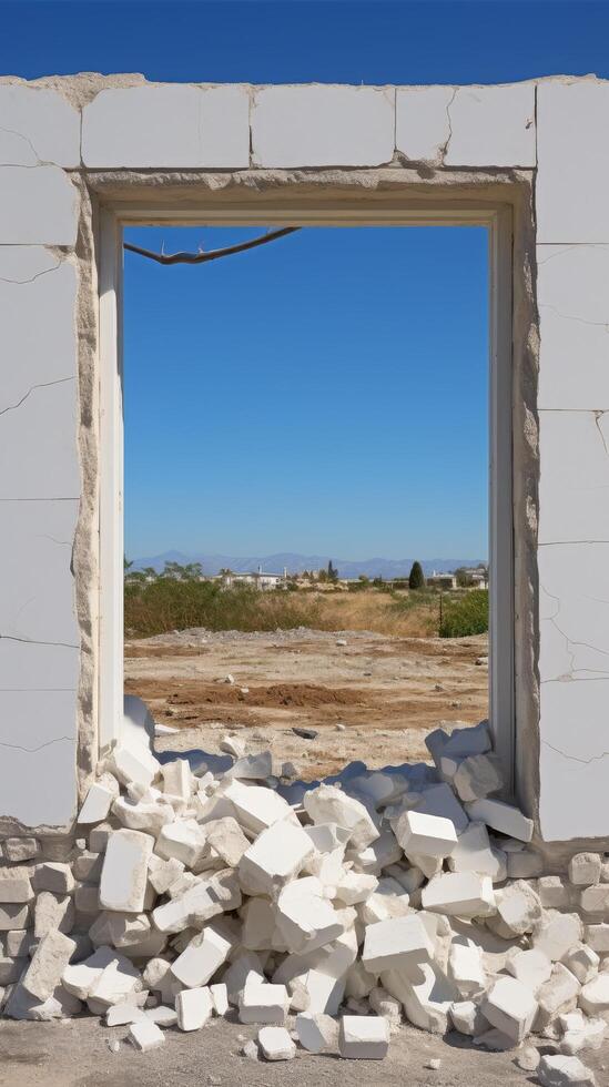 Abandoned building frame with scenic view photo