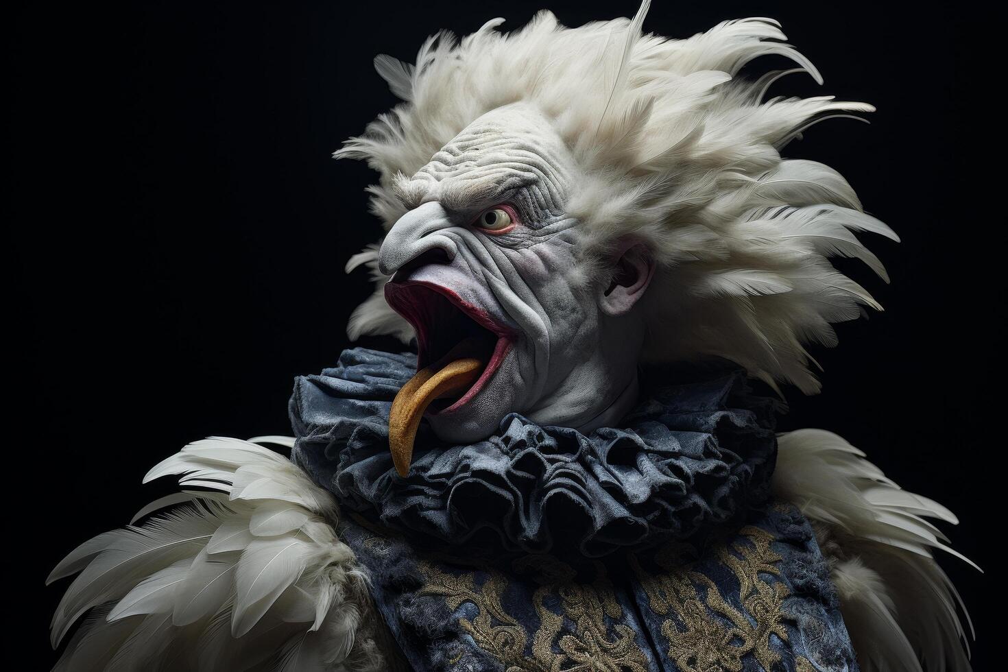 Frightening clown face with sharp teeth and wild hair photo