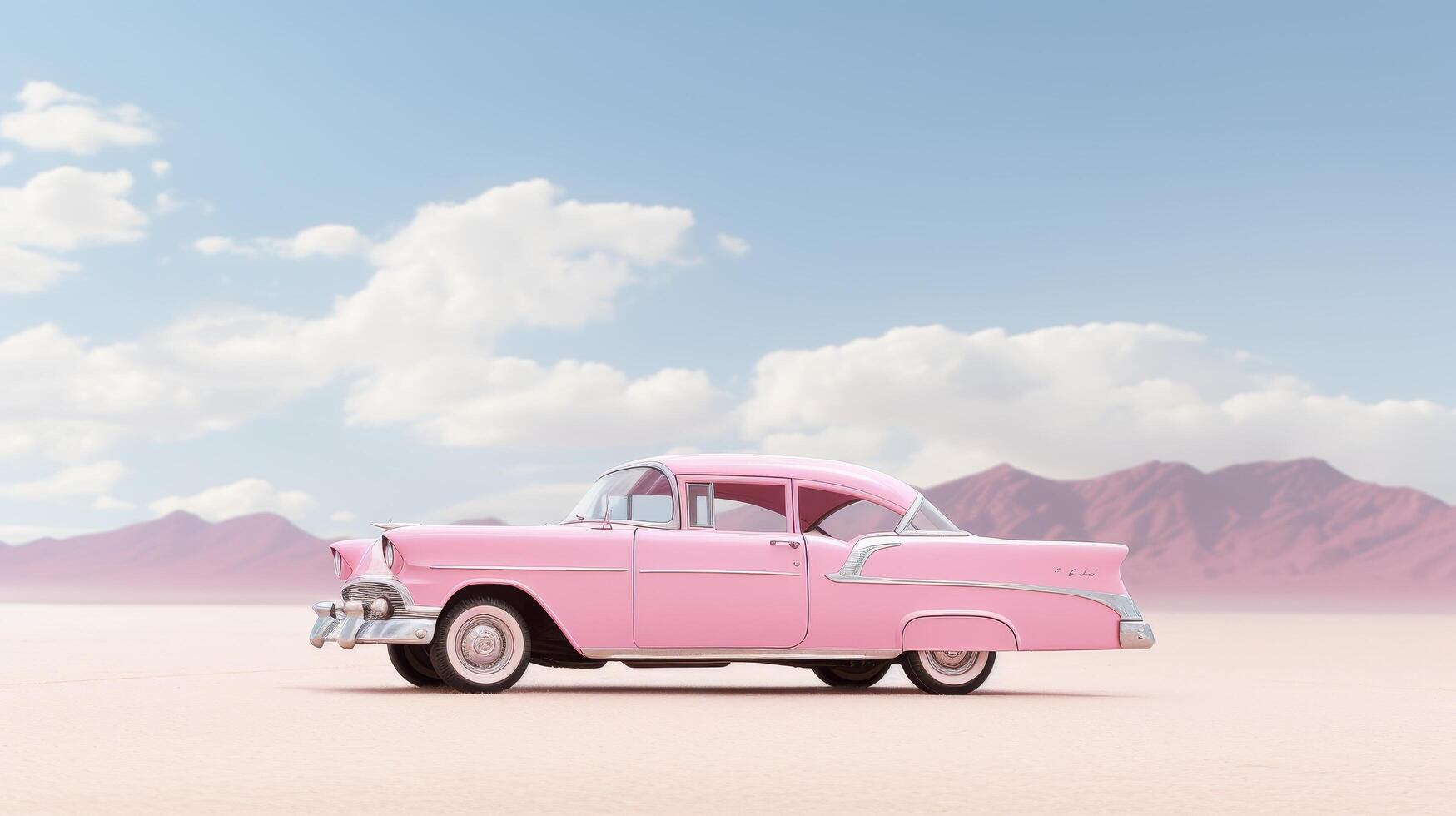 Vintage pink car in desert landscape photo