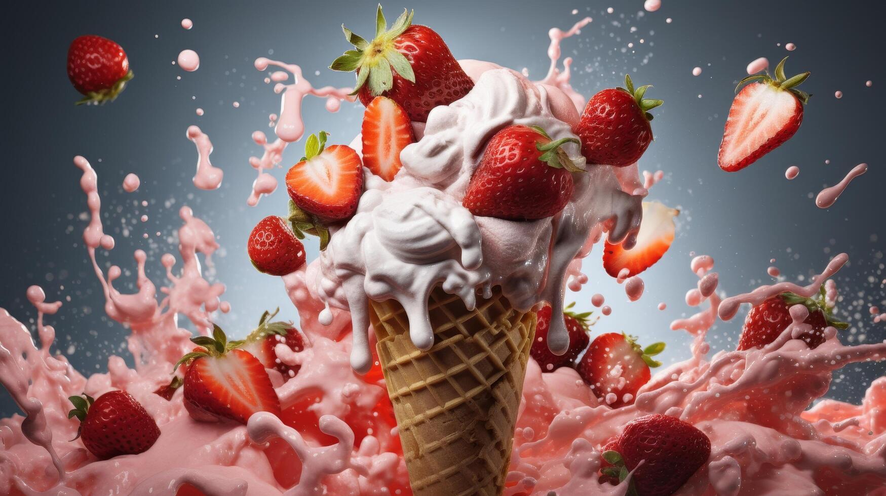 Delicious strawberry ice cream with fresh strawberry splashes photo