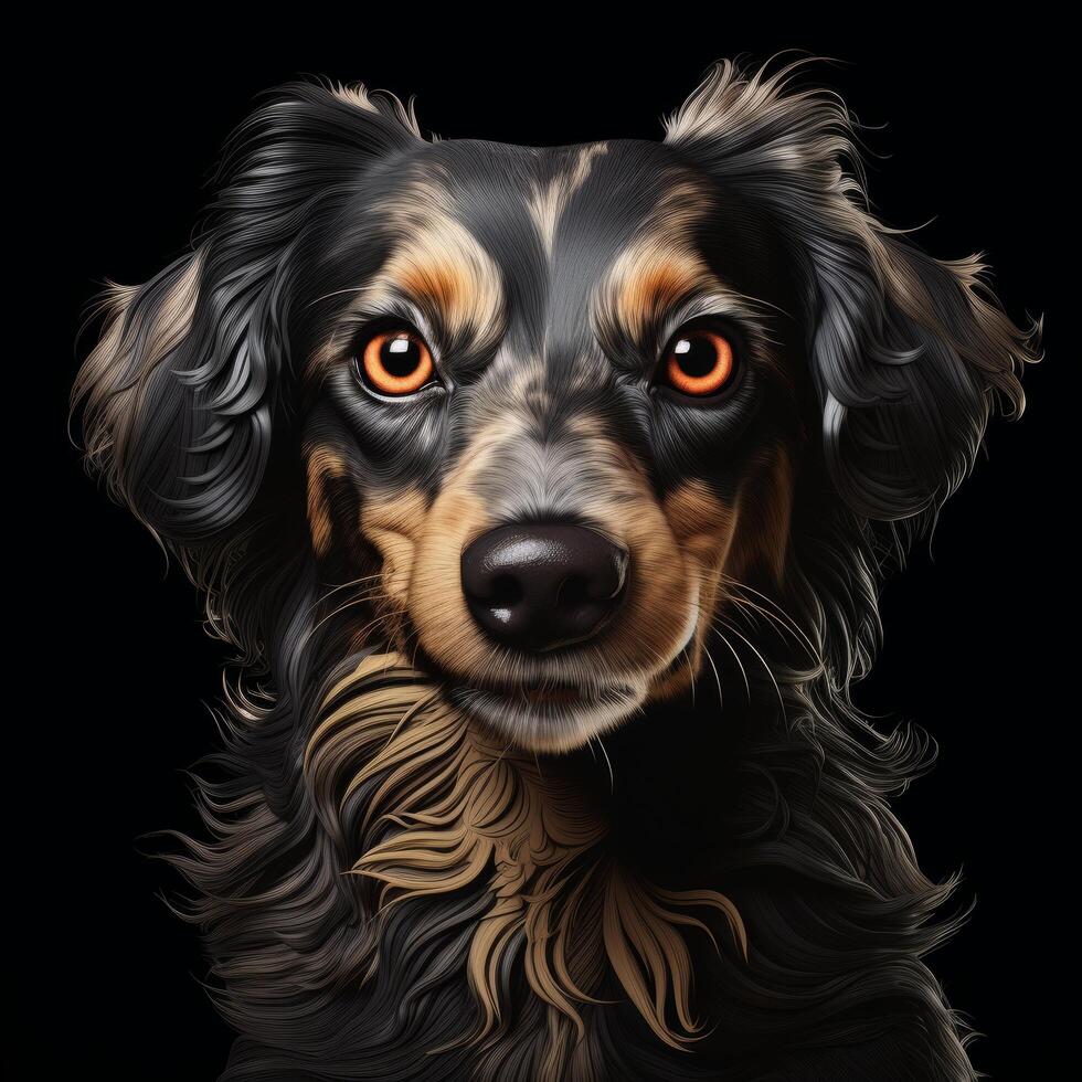 Closeup portrait of a black and tan dog with piercing eyes photo