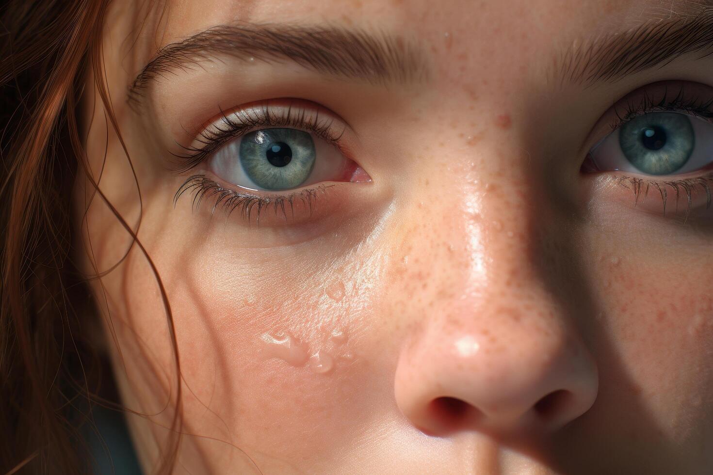 close up portrait of a young woman with freckles and bright blue eyes photo