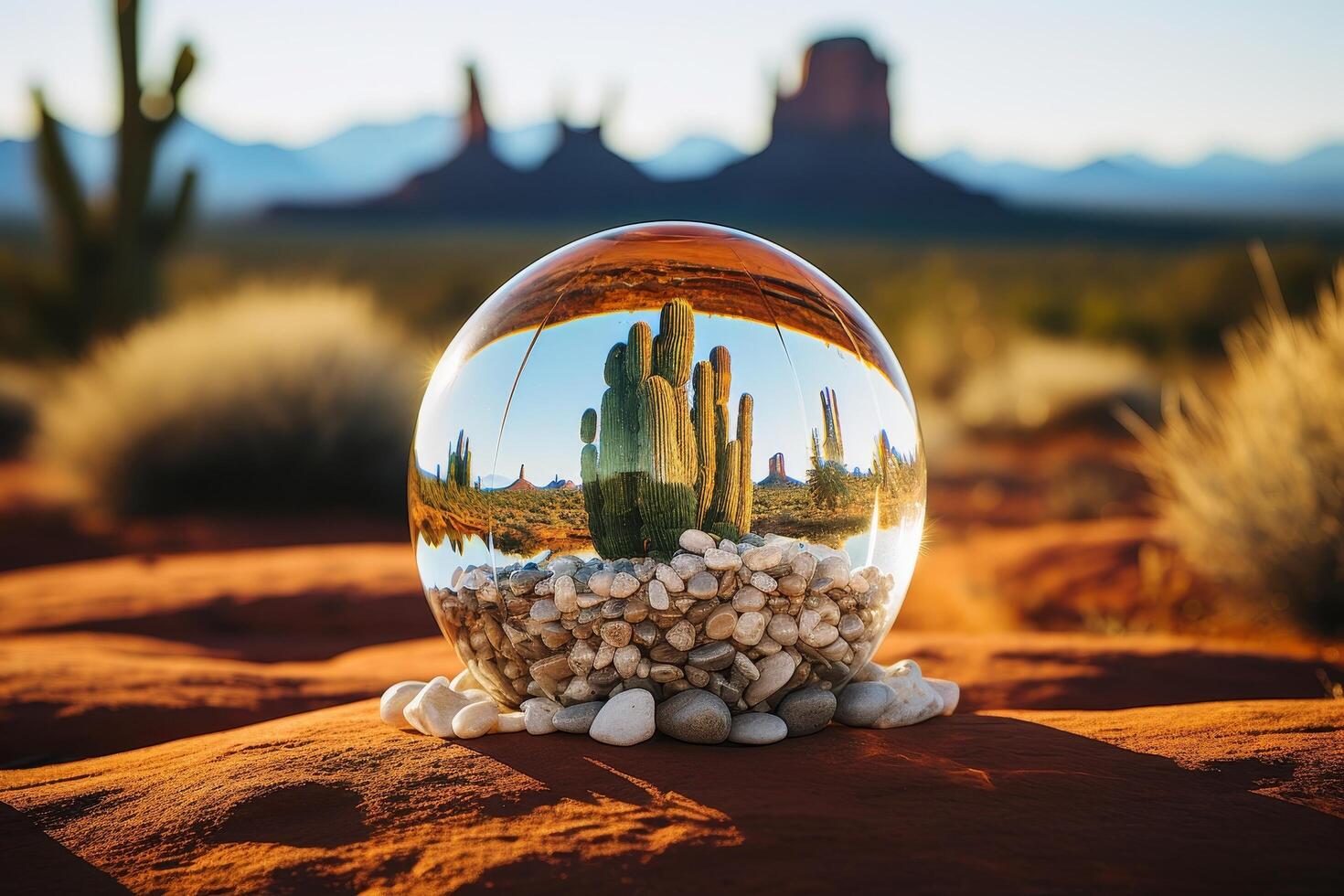 desert landscape reflected in glass sphere photo