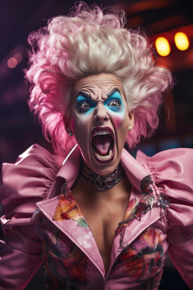 Dramatic drag queen performer with vibrant pink hair and makeup photo