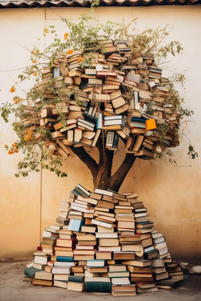 Books stacked in the shape of a tree with vines and flowers photo