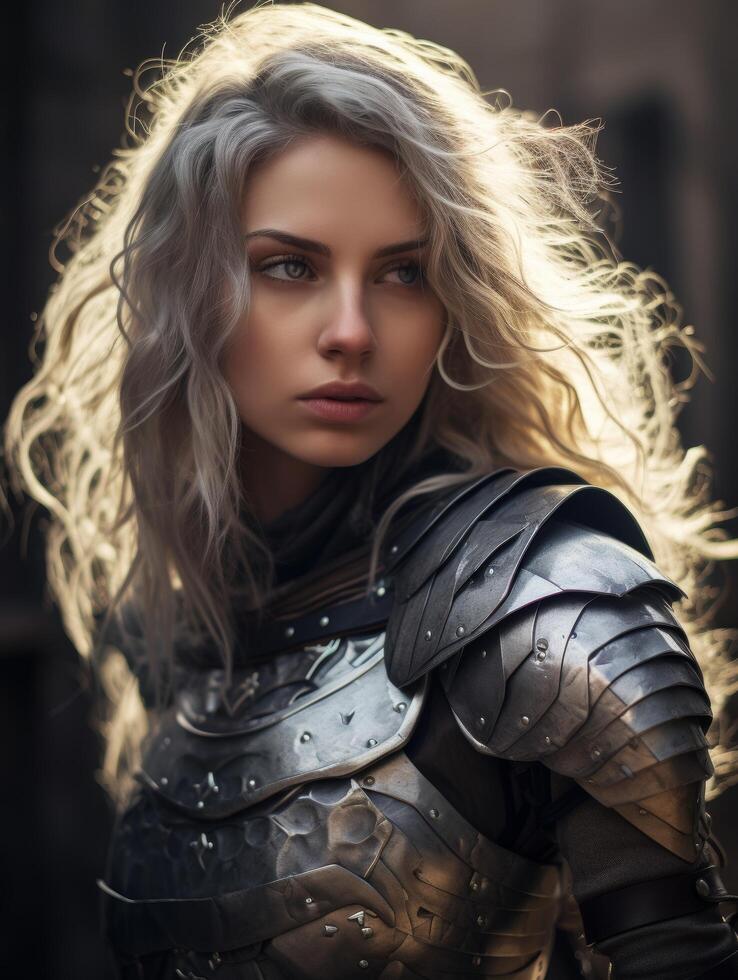 Fierce warrior woman in armor photo