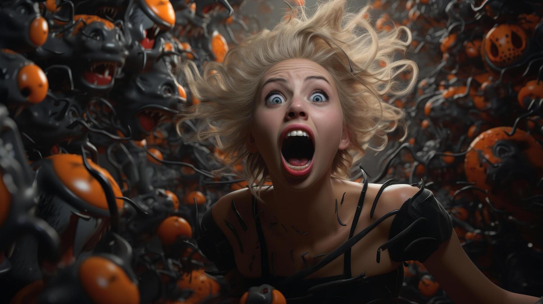 Frightened woman in halloween setting photo