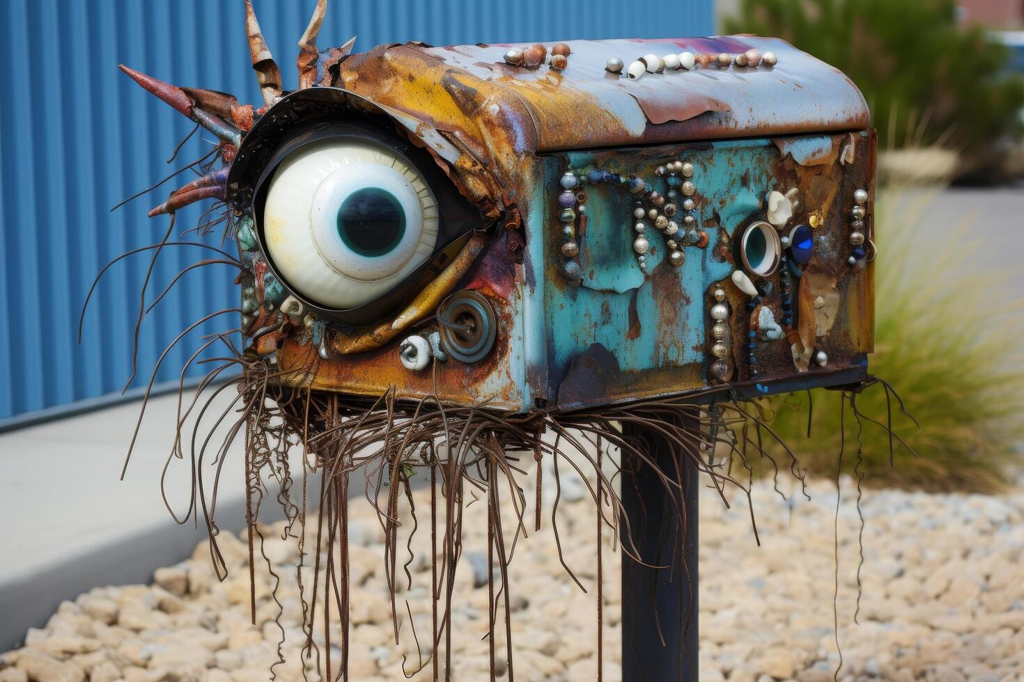 Whimsical recycled art sculpture with large eye photo