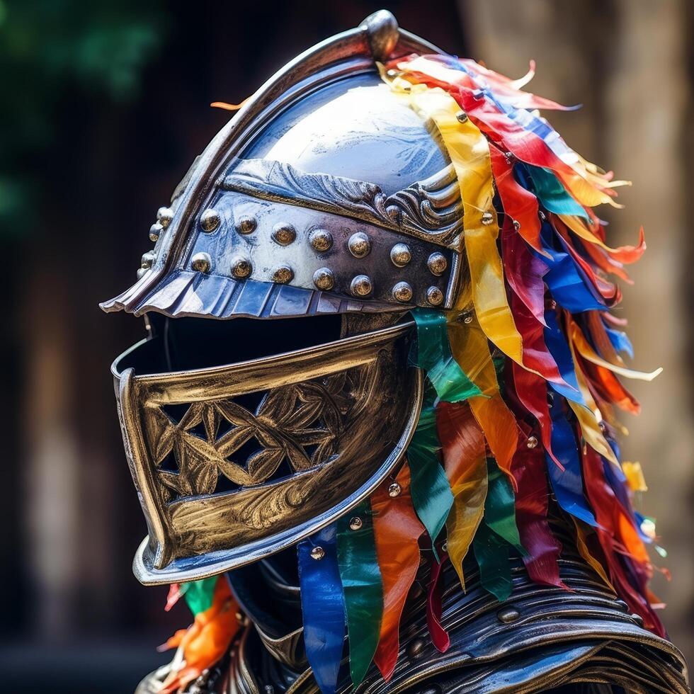 Colorful ceremonial helmet with feathers photo