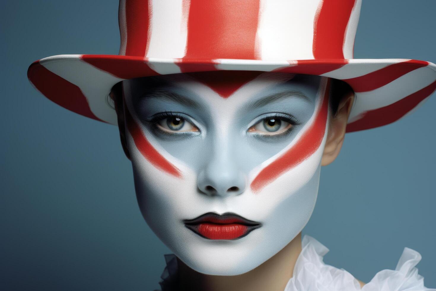 striking theatrical makeup portrait with red and white striped hat photo