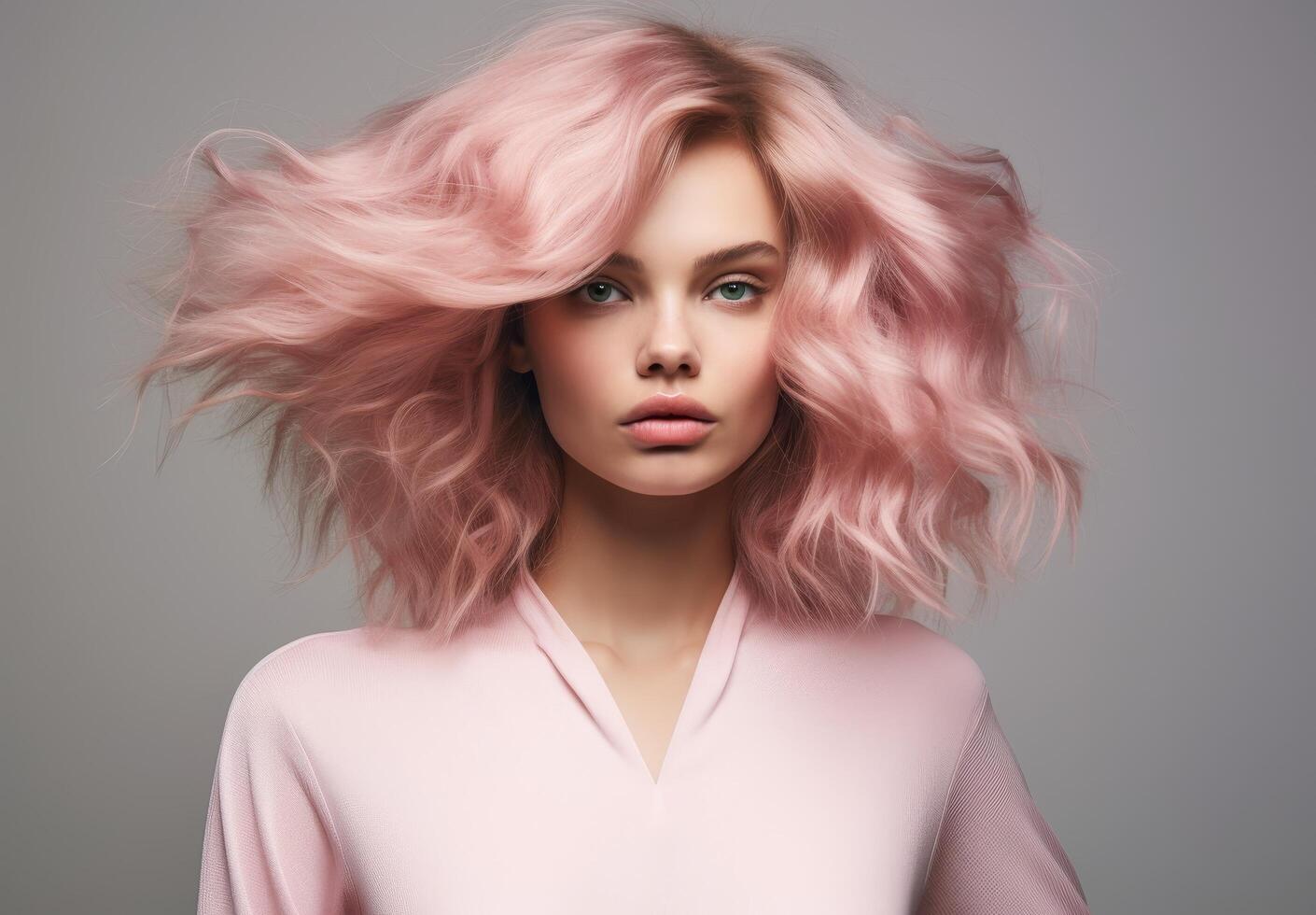 woman with vibrant pink wavy hair photo