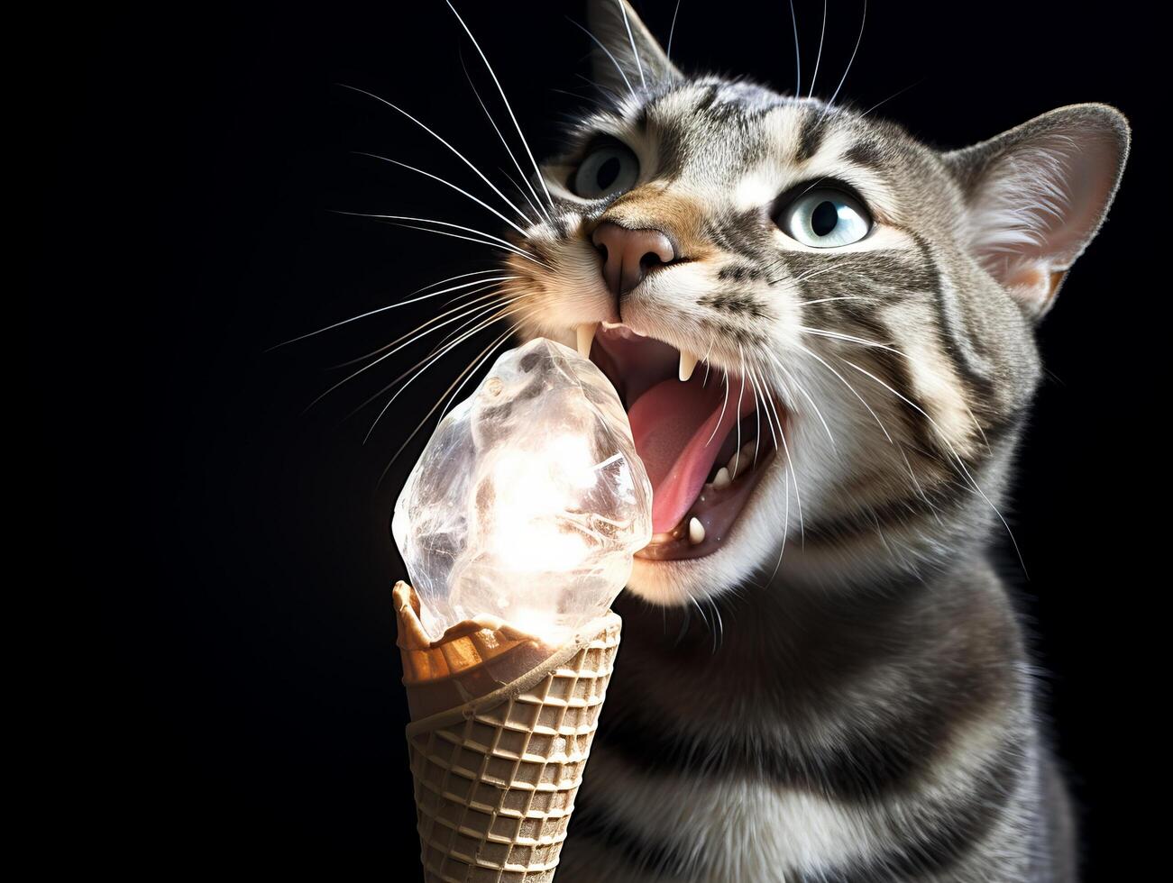 Hungry cat licking ice cream cone photo