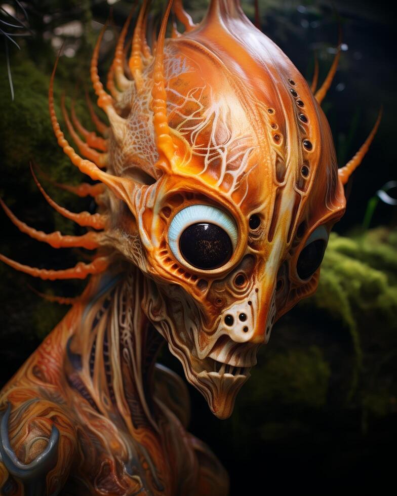 Intricate fantasy creature with vibrant orange and black colors photo