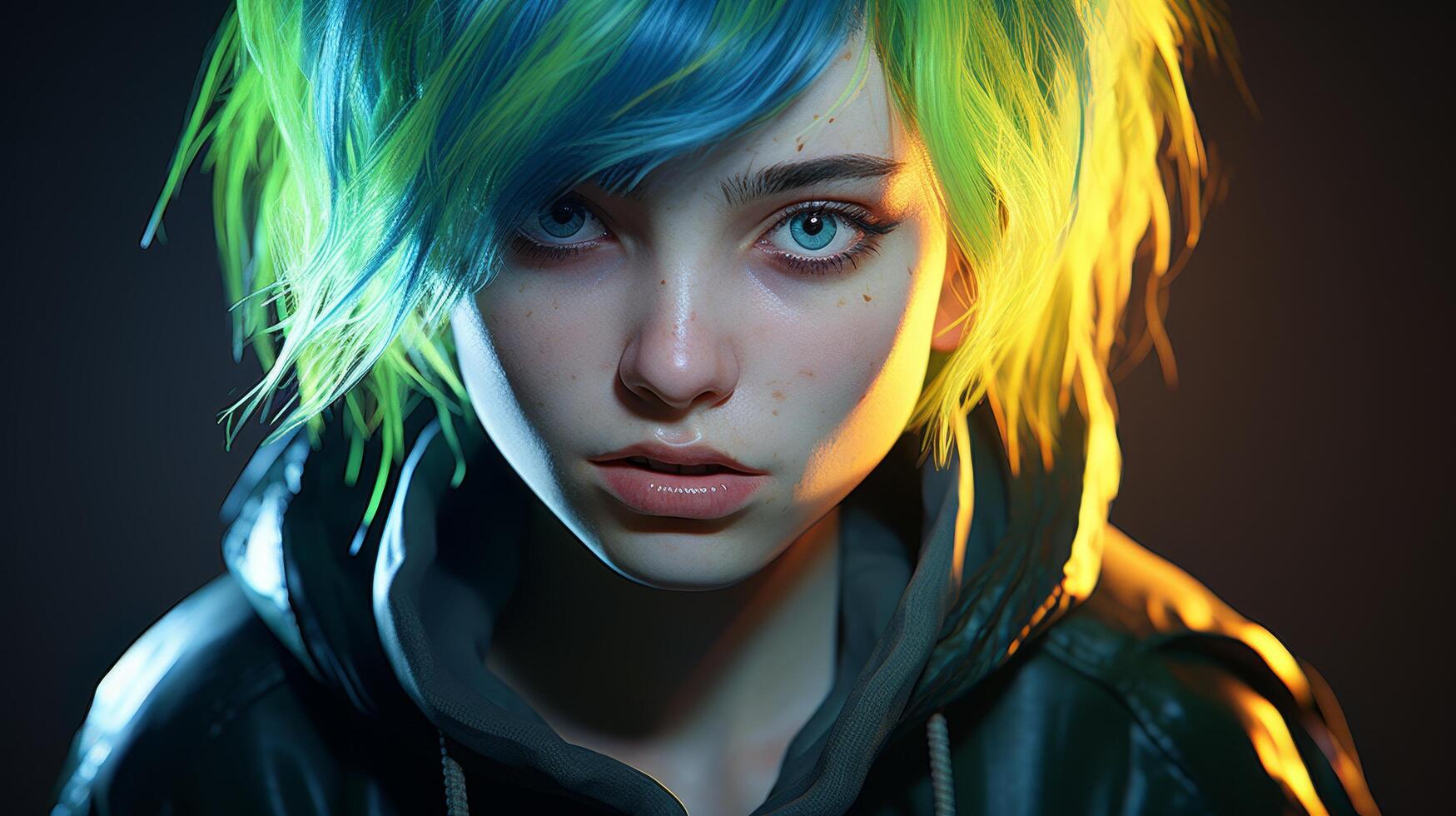 Colorful portrait of a young person with vibrant hair photo