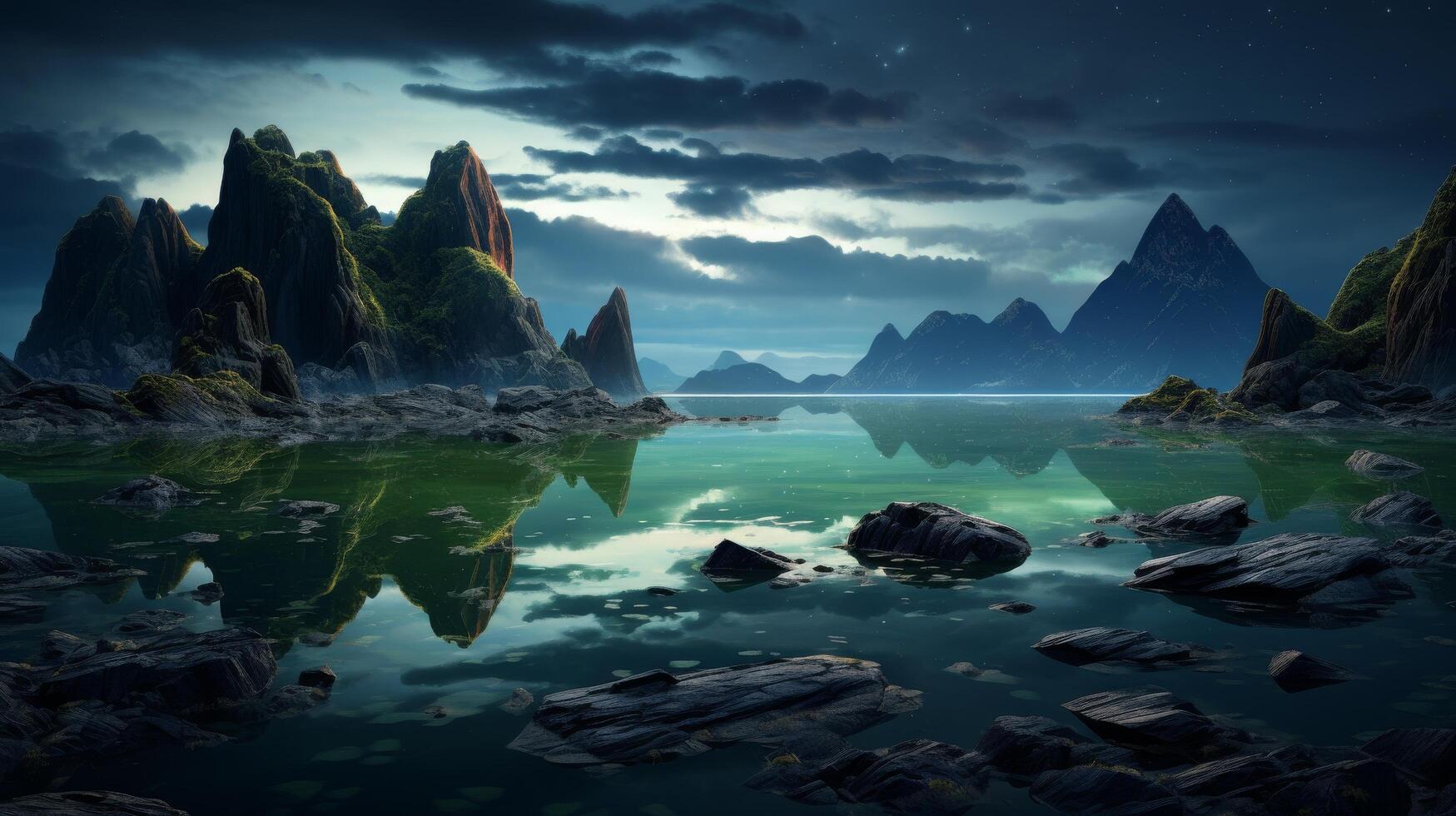 Serene mountain lake reflection at night photo