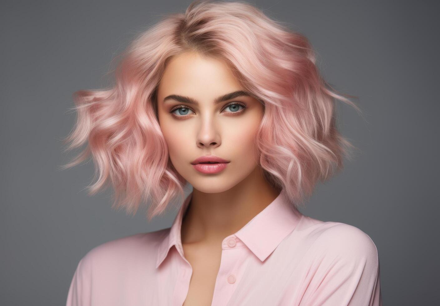 portrait of a young woman with pink wavy hair photo