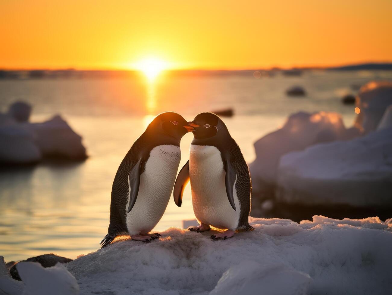 Adorable penguins cuddling at sunset photo