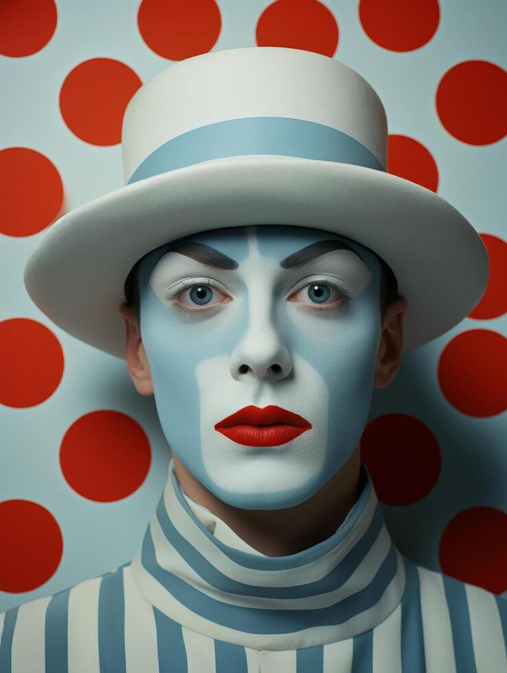 Striking portrait of a person in a white hat and striped outfit against a polka dot background photo