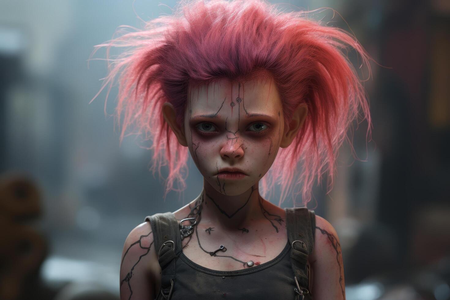 Punk rock girl with vibrant pink hair and face tattoos photo