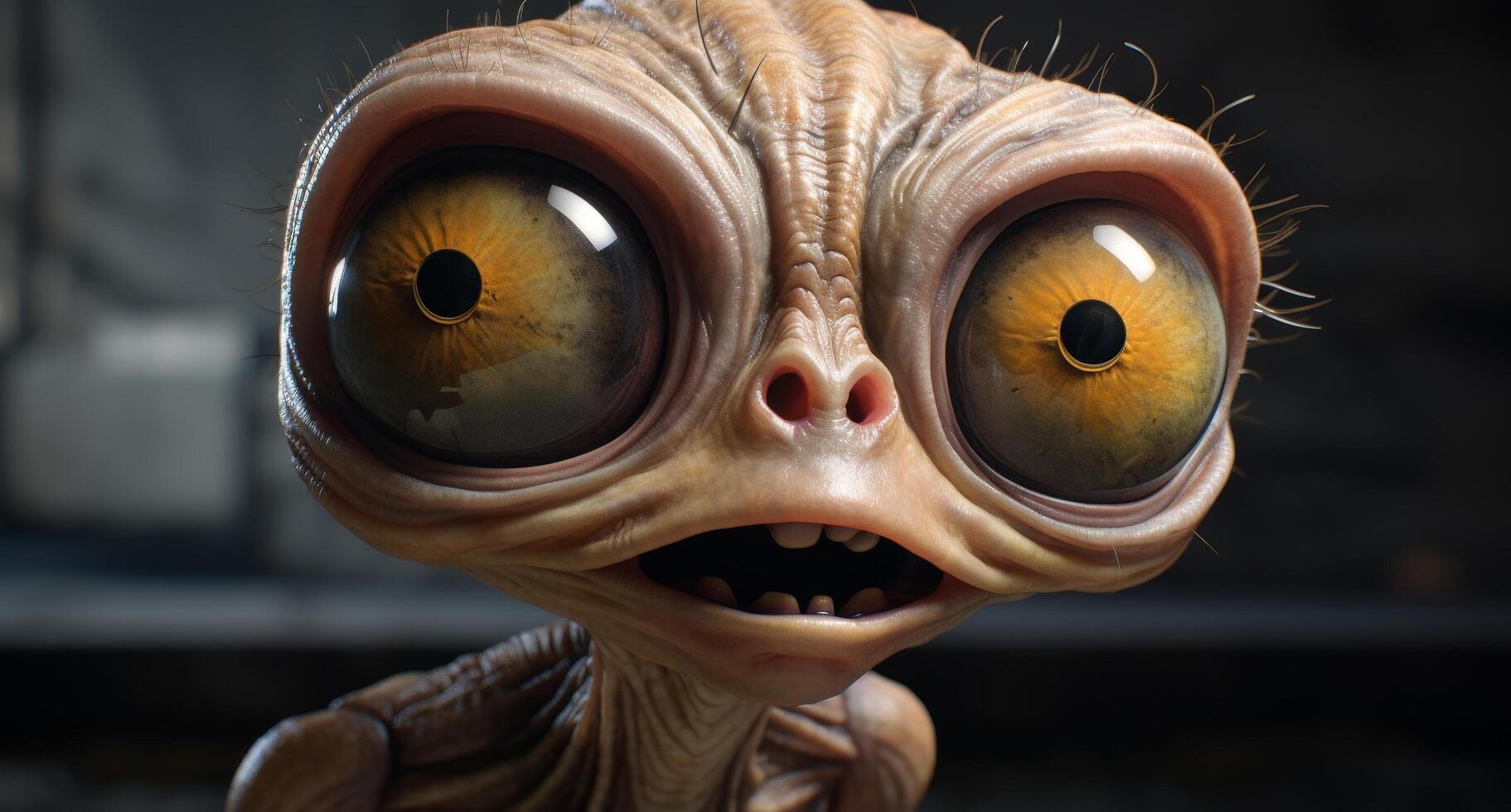 close up of a bizarre alien creature with large eyes photo