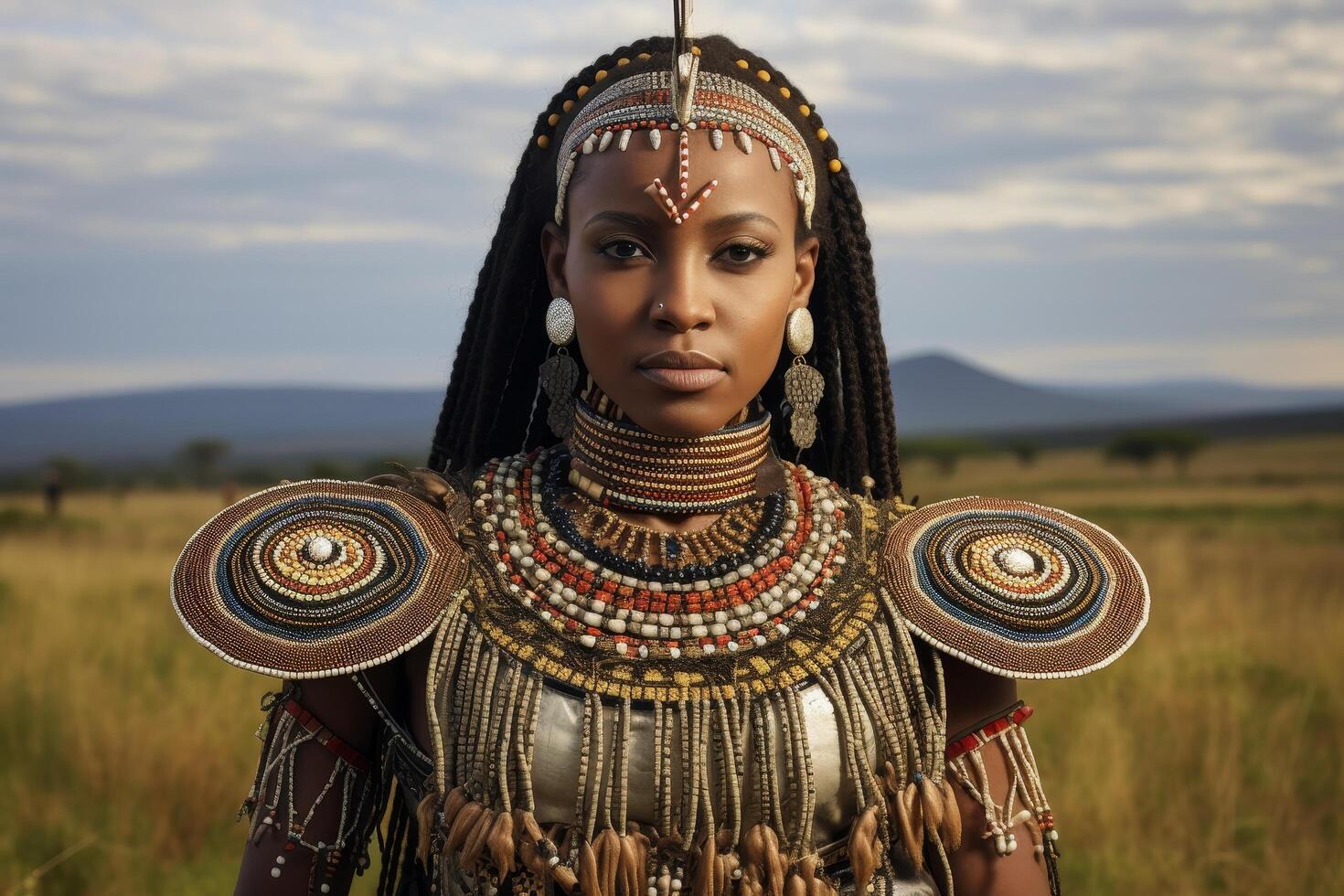 portrait of a woman in traditional african jewelry and headpiece photo