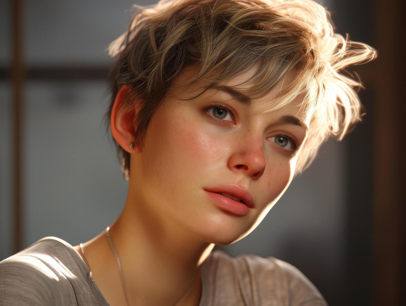 close up portrait of a thoughtful young woman photo