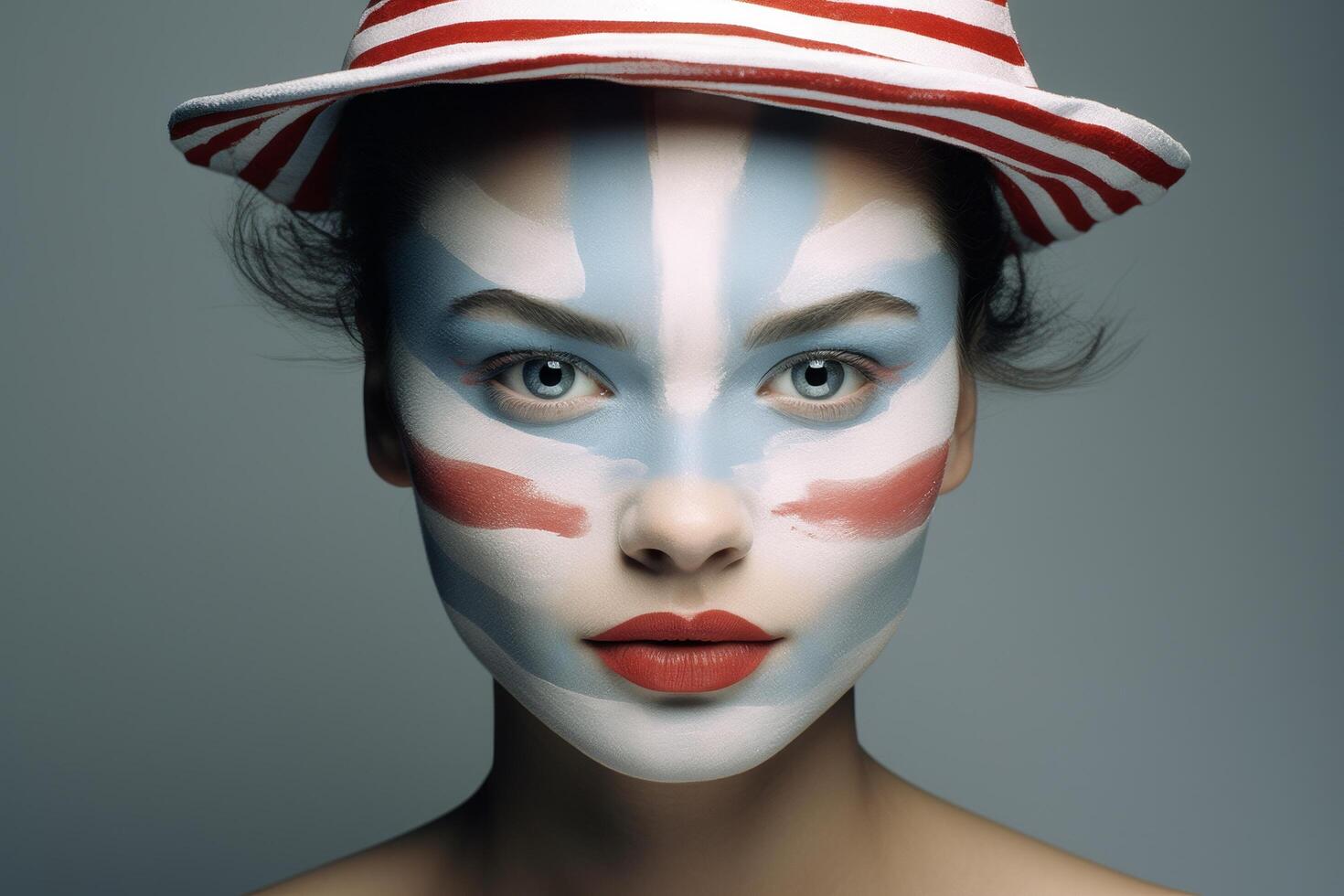 Striking portrait of a person with bold makeup and a striped hat photo