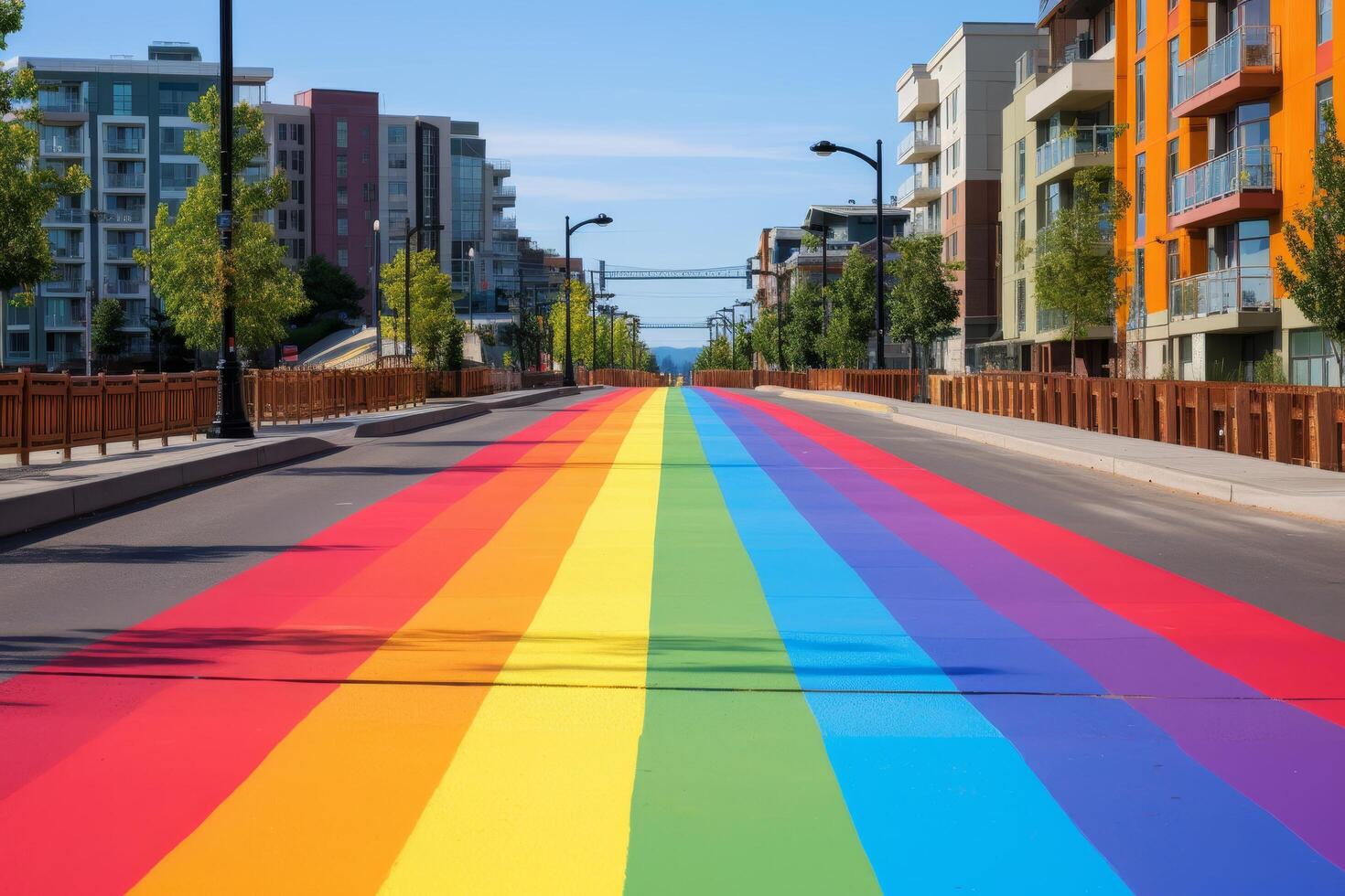 Colorful rainbow crosswalk in urban city photo