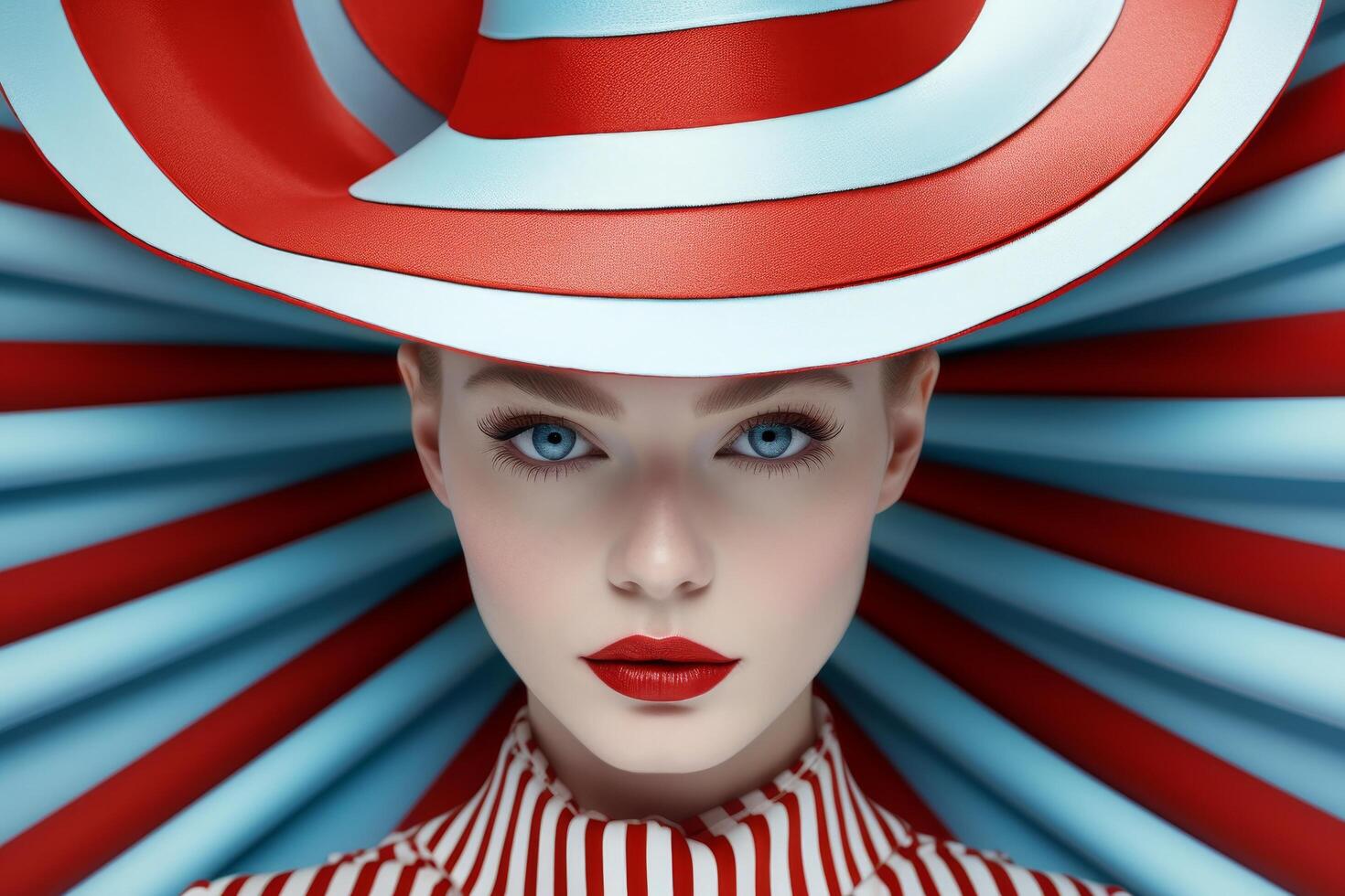 Striking portrait of a woman in a bold red and white hat photo