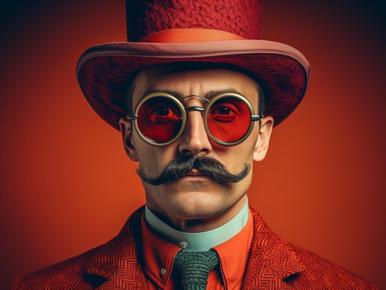 Eccentric man in red hat and glasses photo