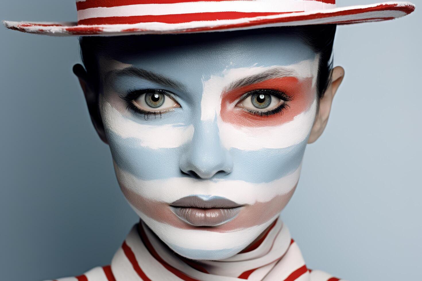 striking face paint portrait in red and white photo
