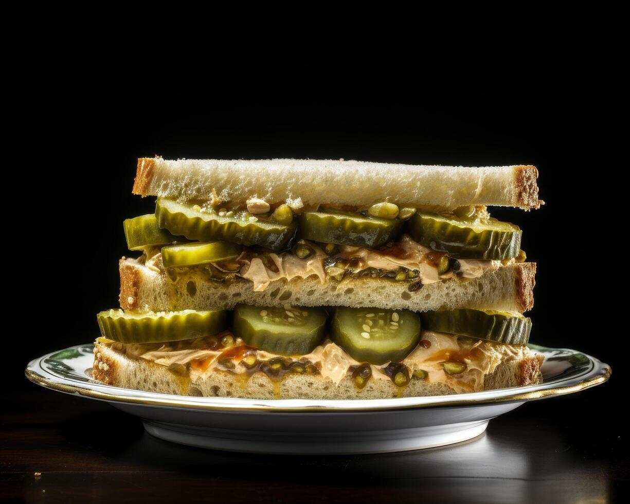 Delicious dill pickle sandwich on dark background photo