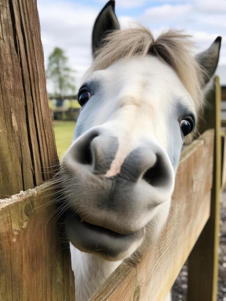Curious horse peeking through wooden fence photo