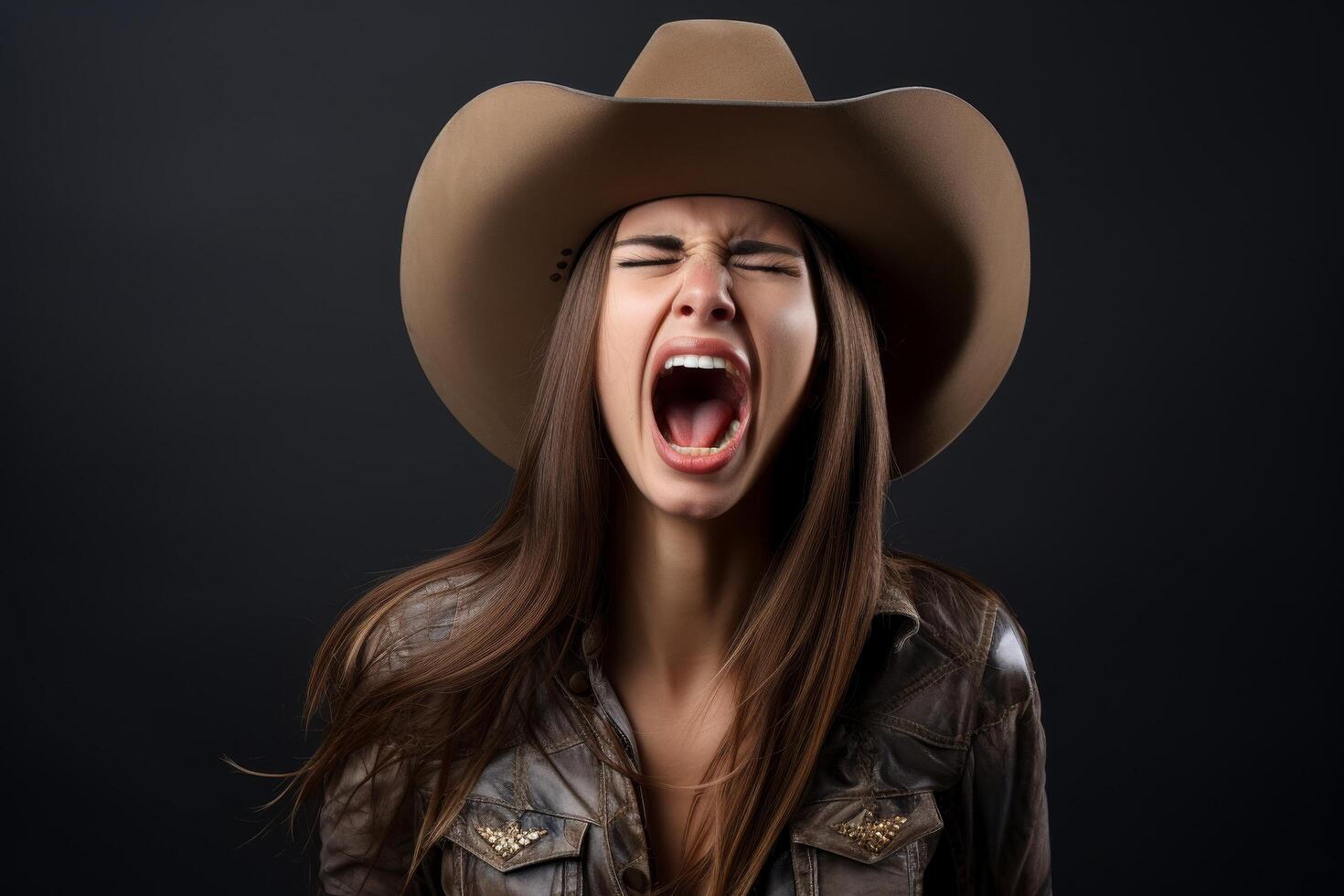 Angry young woman in cowboy hat screaming photo