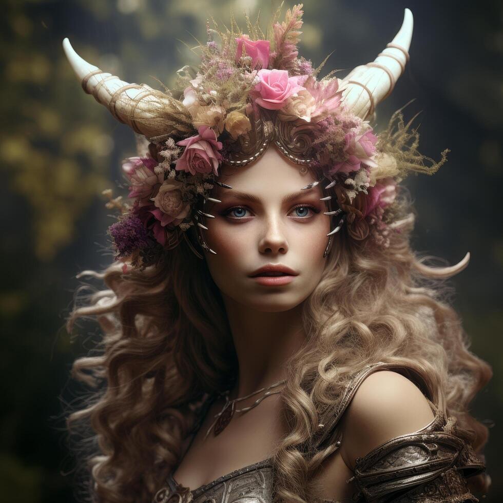 Mystical fantasy woman with floral crown photo