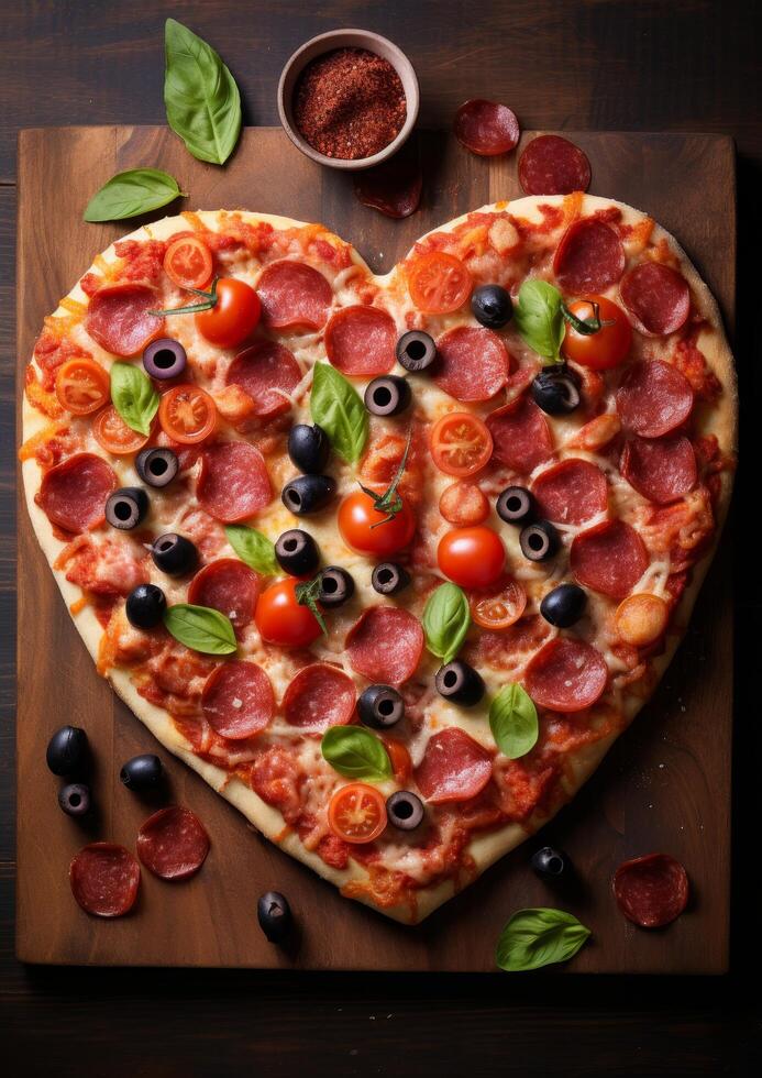 Heart shaped pepperoni pizza with fresh basil photo