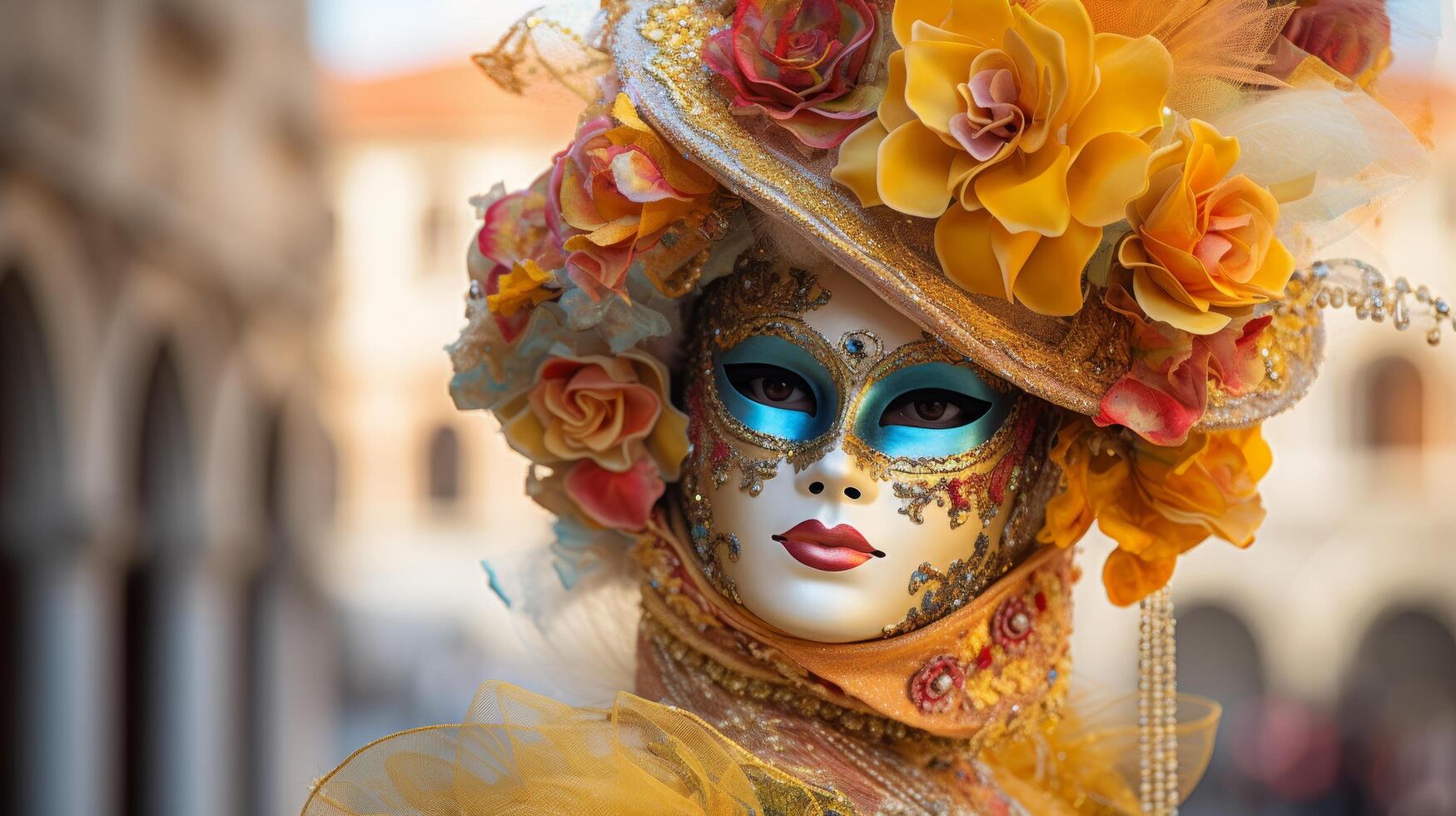 Ornate venetian carnival mask with golden flowers photo