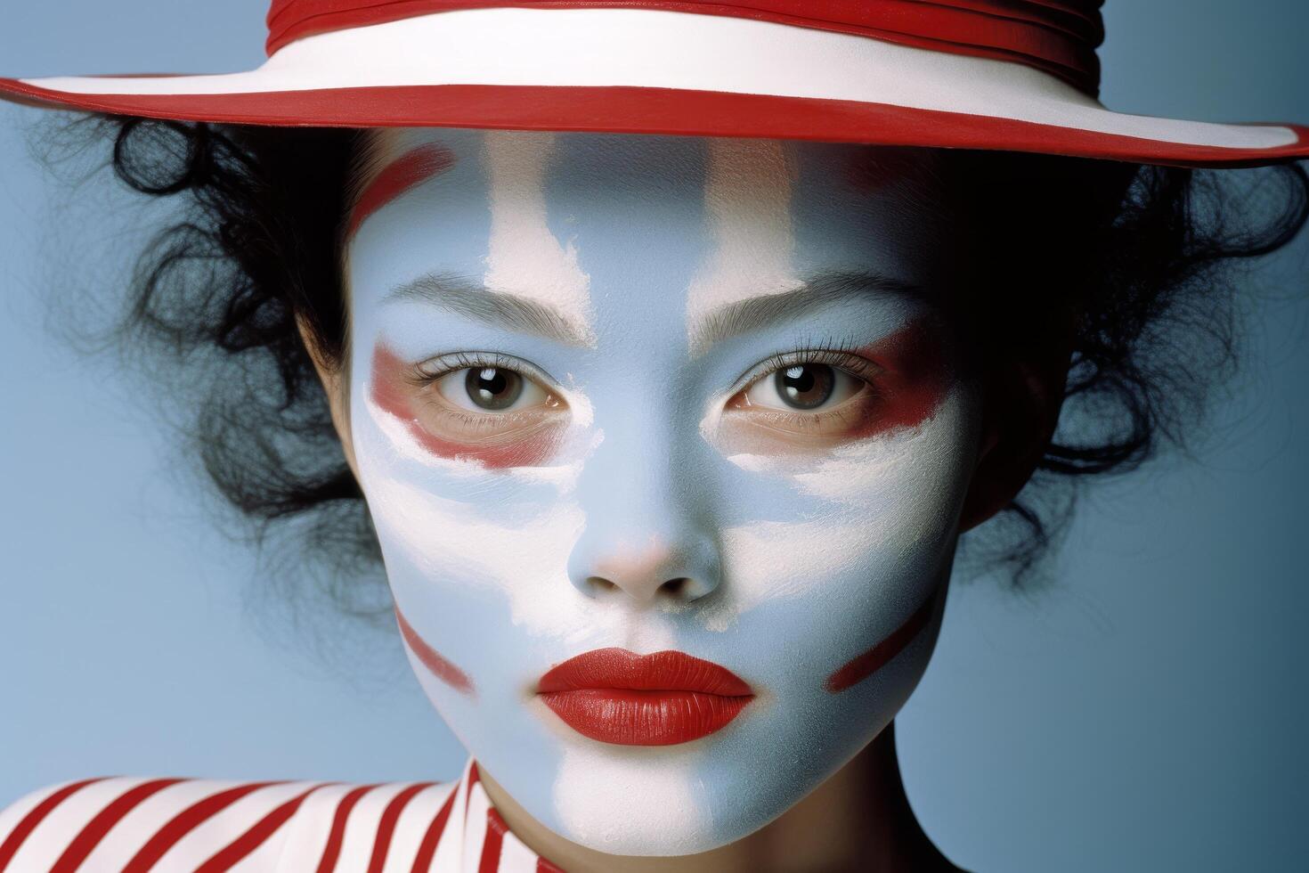Striking portrait of a woman with bold makeup and a red hat photo